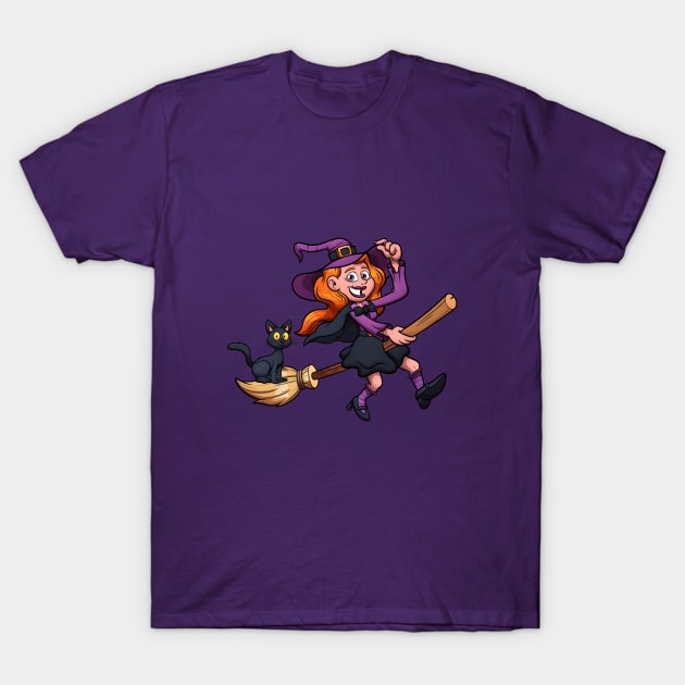 Cute Witch On Broom With Black Cat T-Shirt by TheMaskedTooner